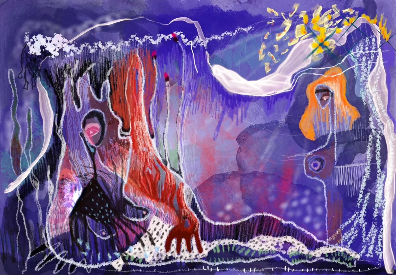 Abstract digital painting featuring human profiles, vibrant colors, and flowing lines on a dark purple background.