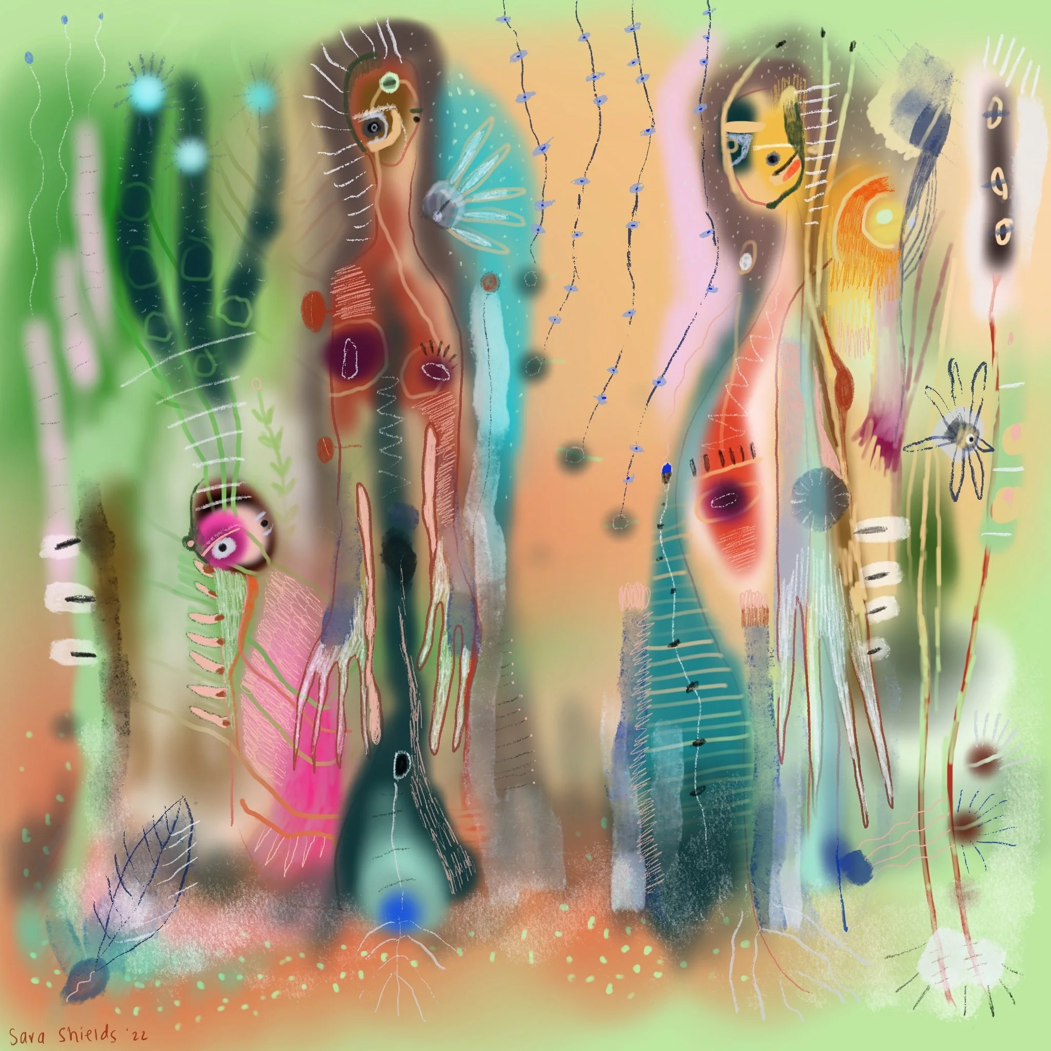 An abstract digital painting with colorful, surreal, and organic shapes resembling human figures, plants, and insects, blending bright greens, blues, pinks, and oranges.