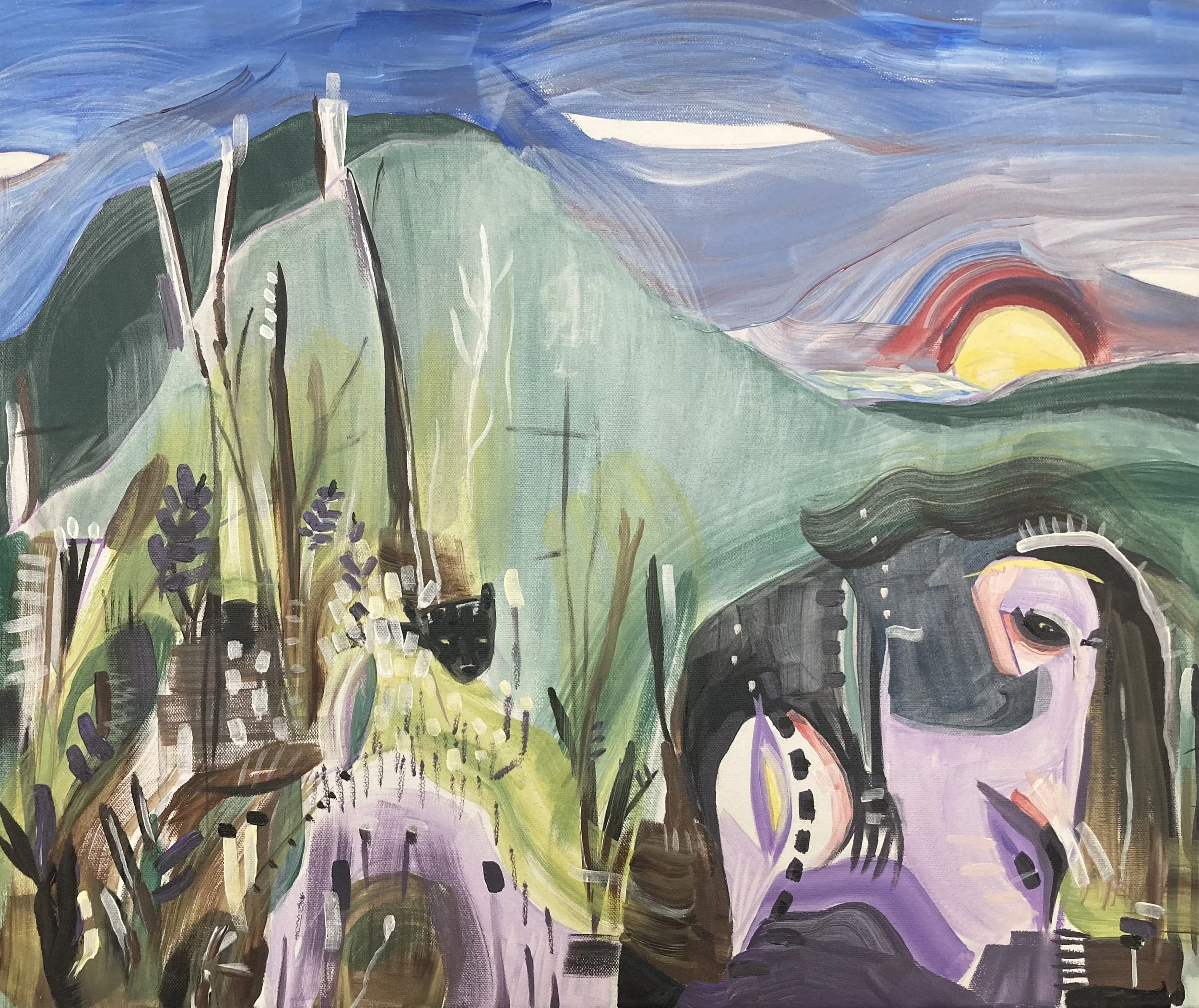 An abstract landscape painting features a sunset over green hills with a dark forest and winding pathway, using bold brushstrokes and vibrant colors.