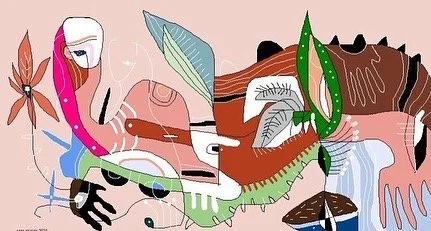 Abstract colorful MS Paint illustration of various plants, leaves, and organic shapes.