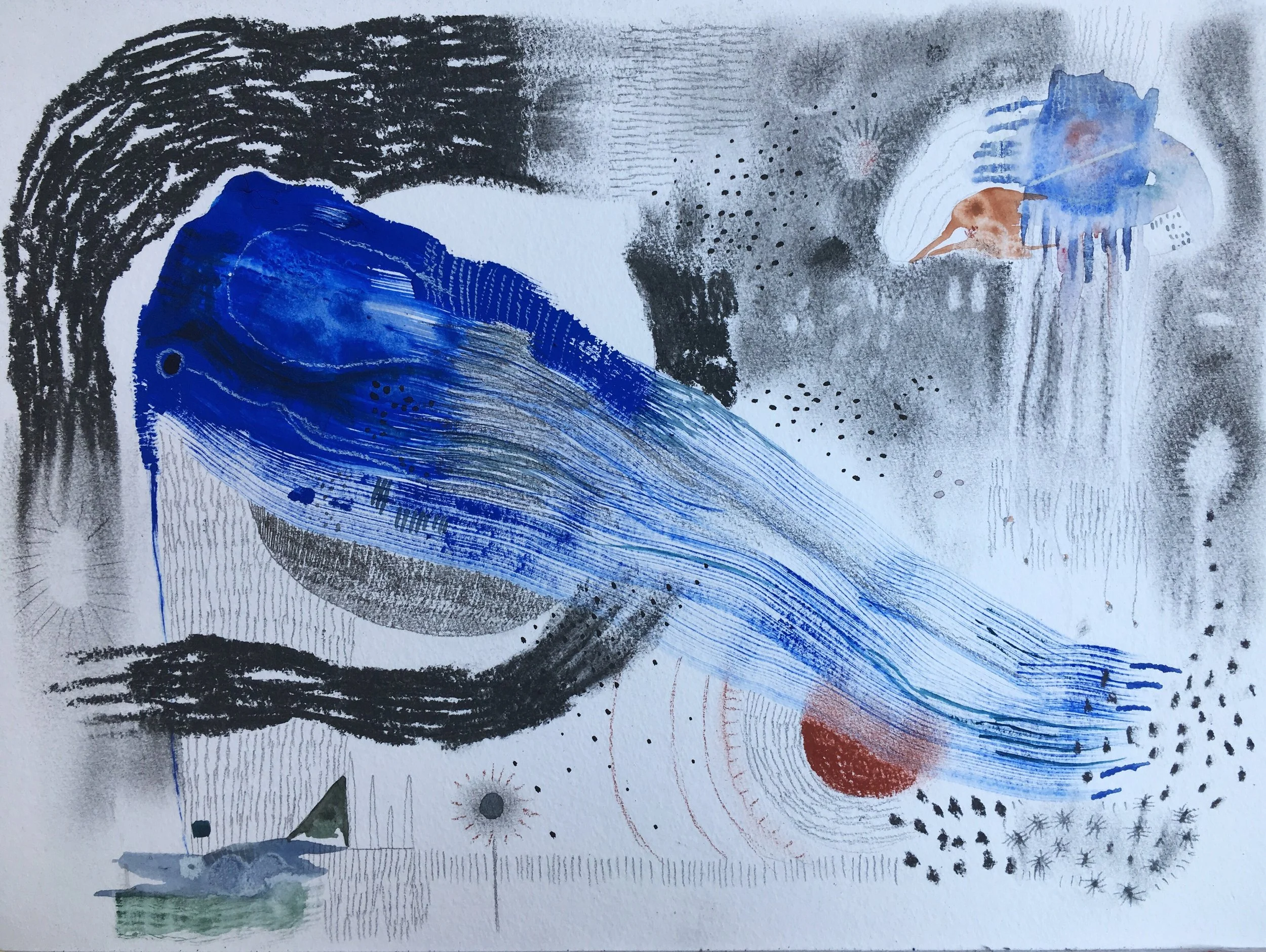 man o'war against the red moon, watercolour, pen, ink, graphite on watercolour paper, 9 x 12" 