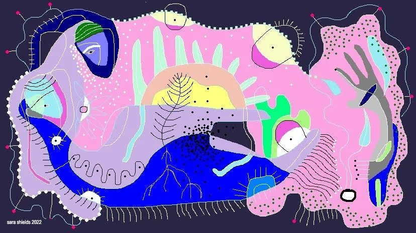 Abstract colorful digital artwork with organic shapes, lines, and patterns in pink, blue, purple, green, and yellow.