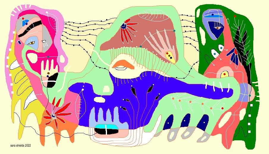 Abstract MS Paint illustration with various shapes, lines, and patterns in green, pink, blue, red, yellow, and black.