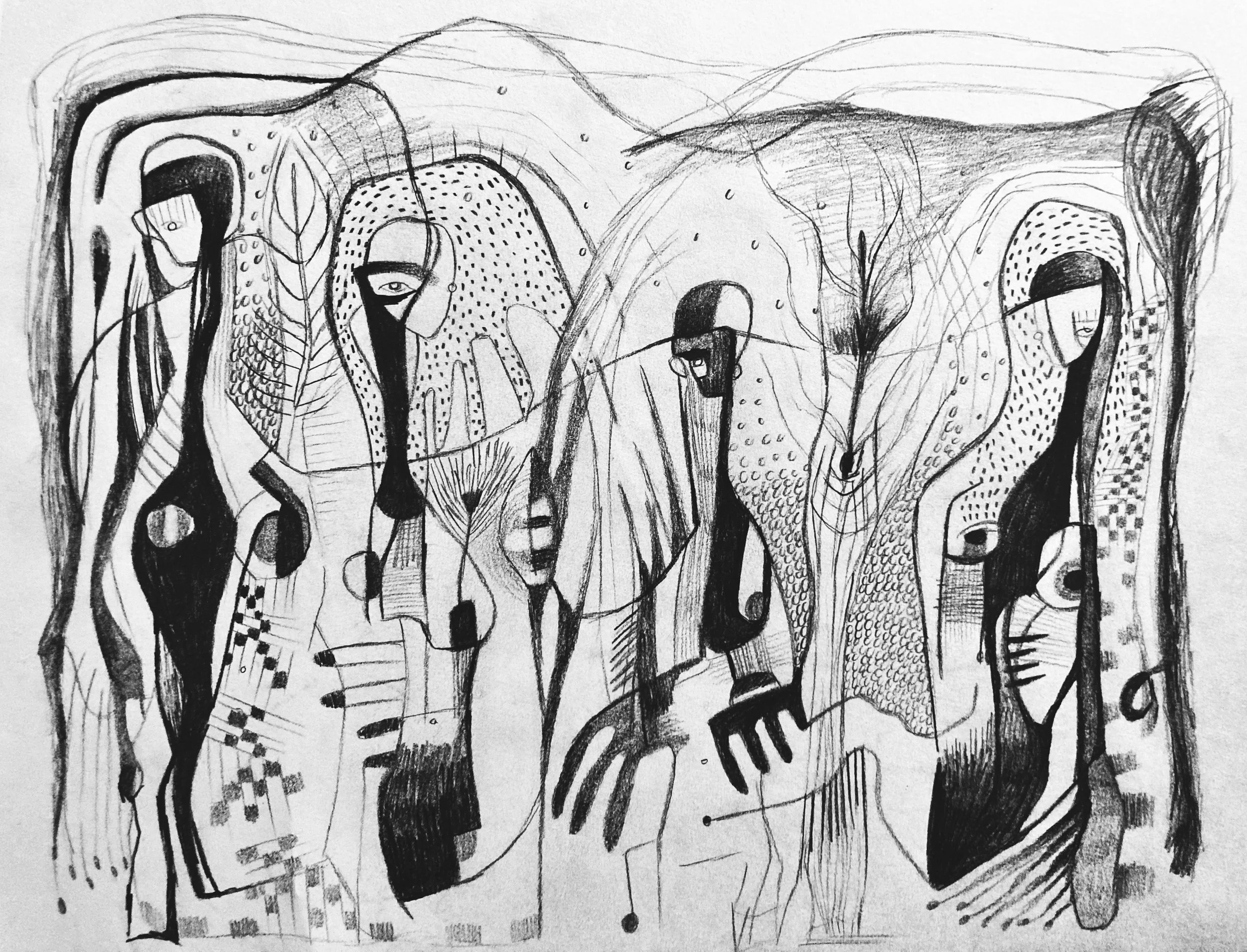 Black and white abstract drawing featuring elongated, stylized human faces and figures, with various patterns and lines creating a surreal, layered composition.