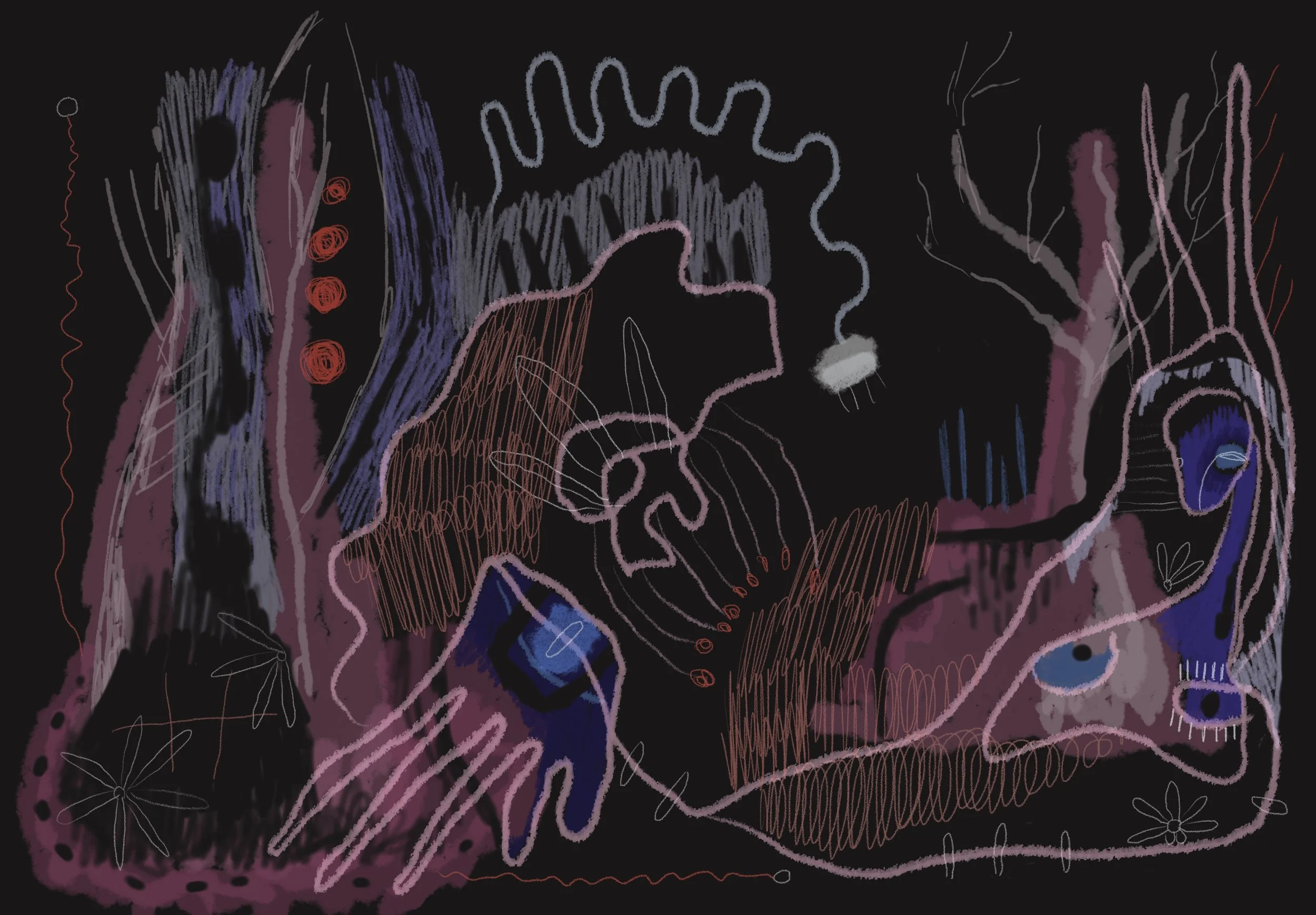 Abstract digital drawing of a woman smoking, with multiple eyes, hands, and surreal elements in dark colors and pink highlights.