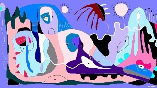 Abstract modern art with faces, shapes, and colors in blue, pink, black, and white.