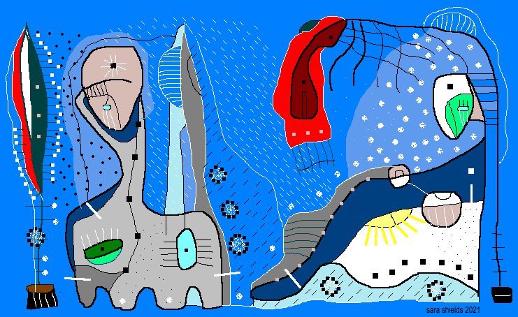 Abstract digital art with colorful shapes and patterns on a blue background, resembling a mix of natural and geometric elements.