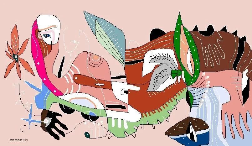 Abstract colorful illustration featuring various shapes, lines, and patterns, including a flower, leaf, eye, and other organic forms on a light pink background.