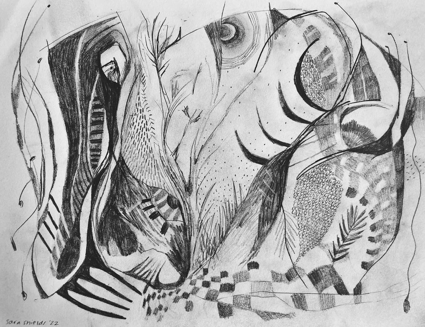 A hand-drawn abstract sketch of a sleeping dog with various patterns and lines in black and white.