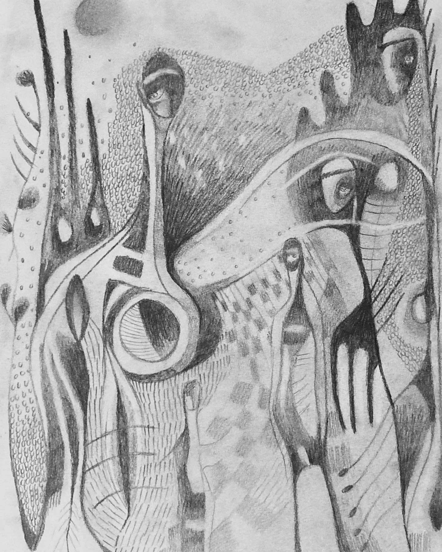 A detailed pencil drawing of a giraffe's face and neck with abstract patterns, textures, and stylized elements.