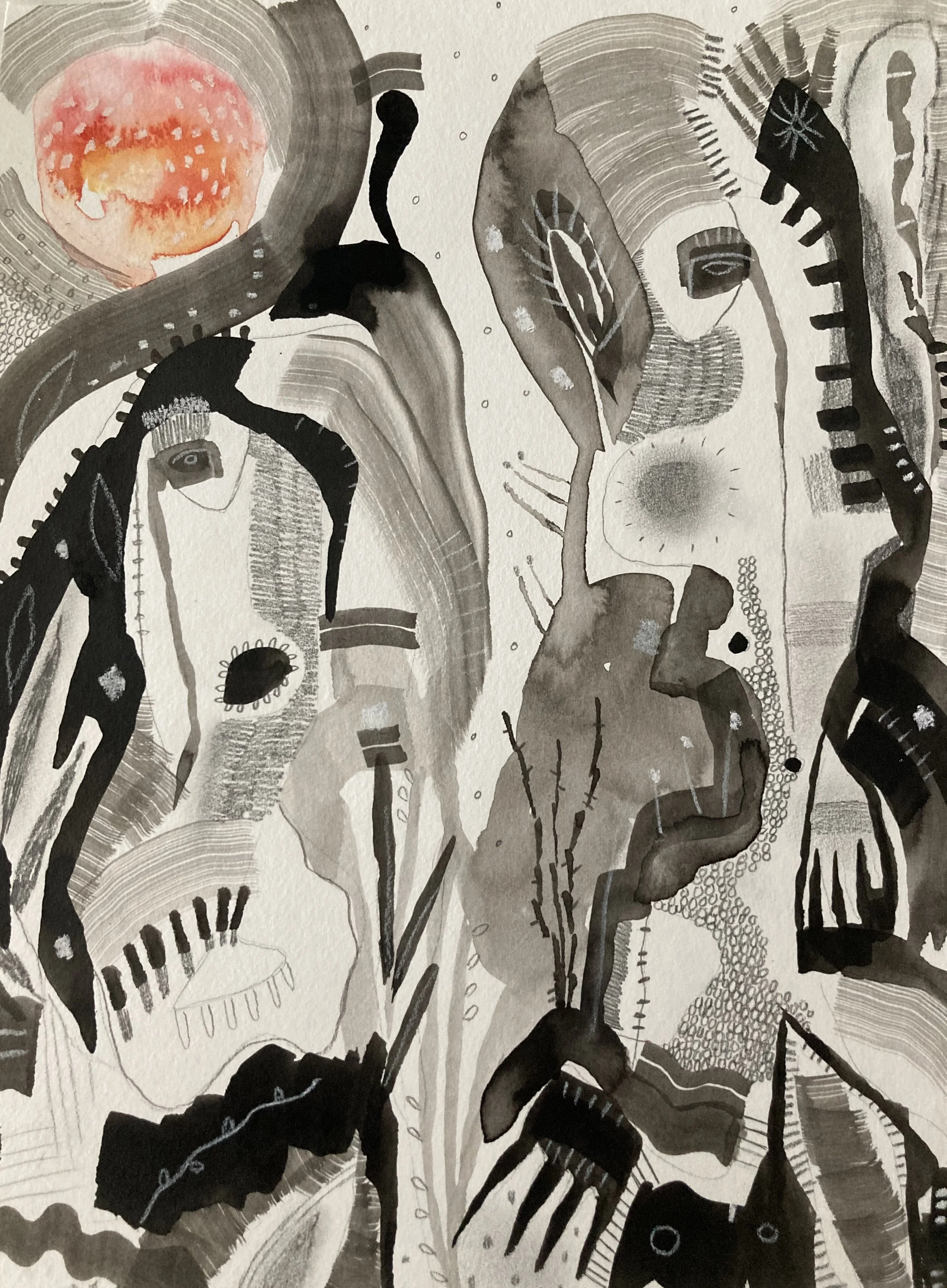 Worship the Dark Forest, ink, watercolour, graphite, pen, on watercolour paper, 9 x 12" (Sold)