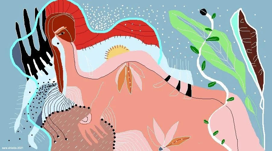 Abstract colorful illustration featuring a woman with long hair, surrounded by plants and organic shapes.