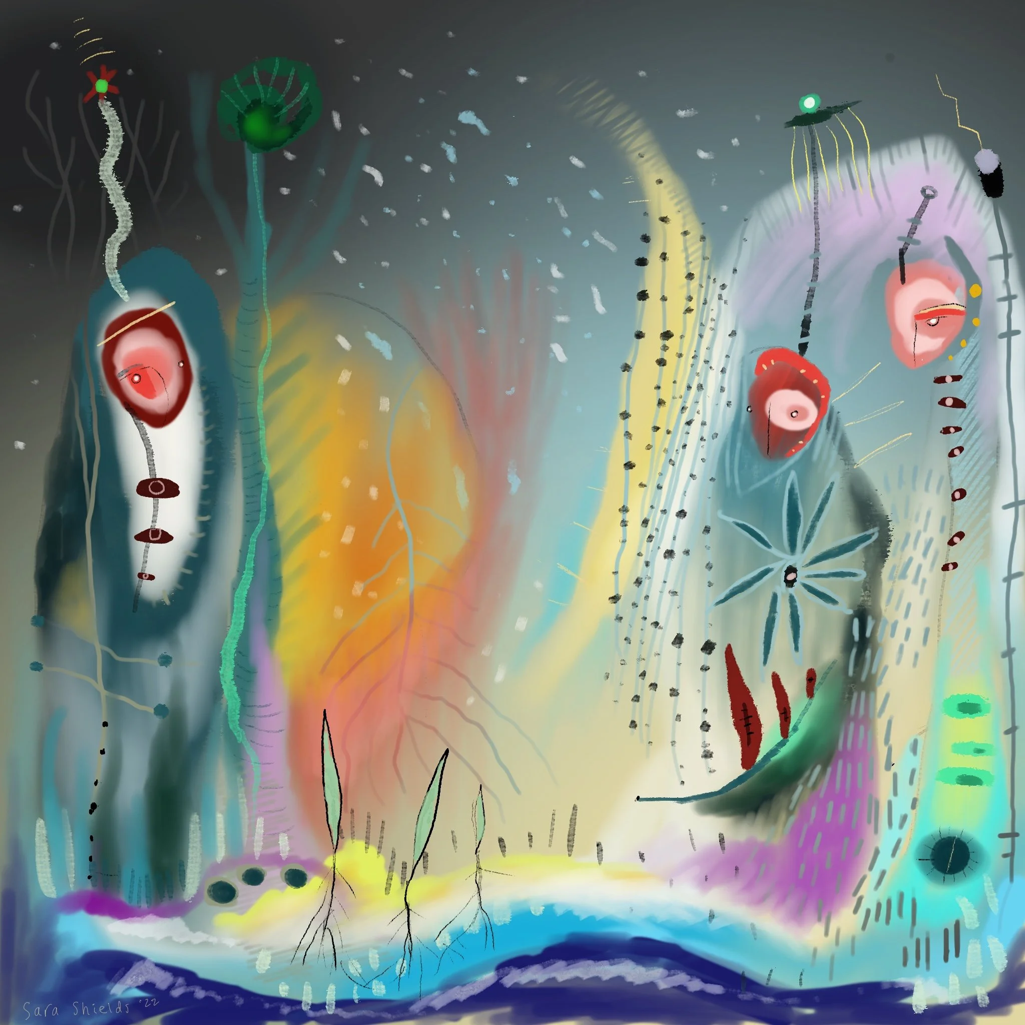 Abstract digital artwork featuring colorful, organic shapes, lines, and patterns resembling a fantastical underground scene with plant-like forms and flowing lines.