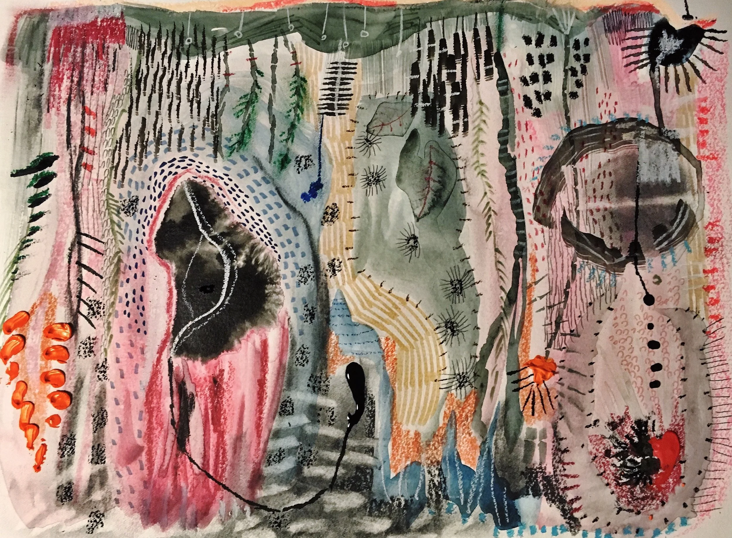 long lasting in the coloured sea, watercolour, pen, ink, graphite on watercolour paper, 9 x 12" 