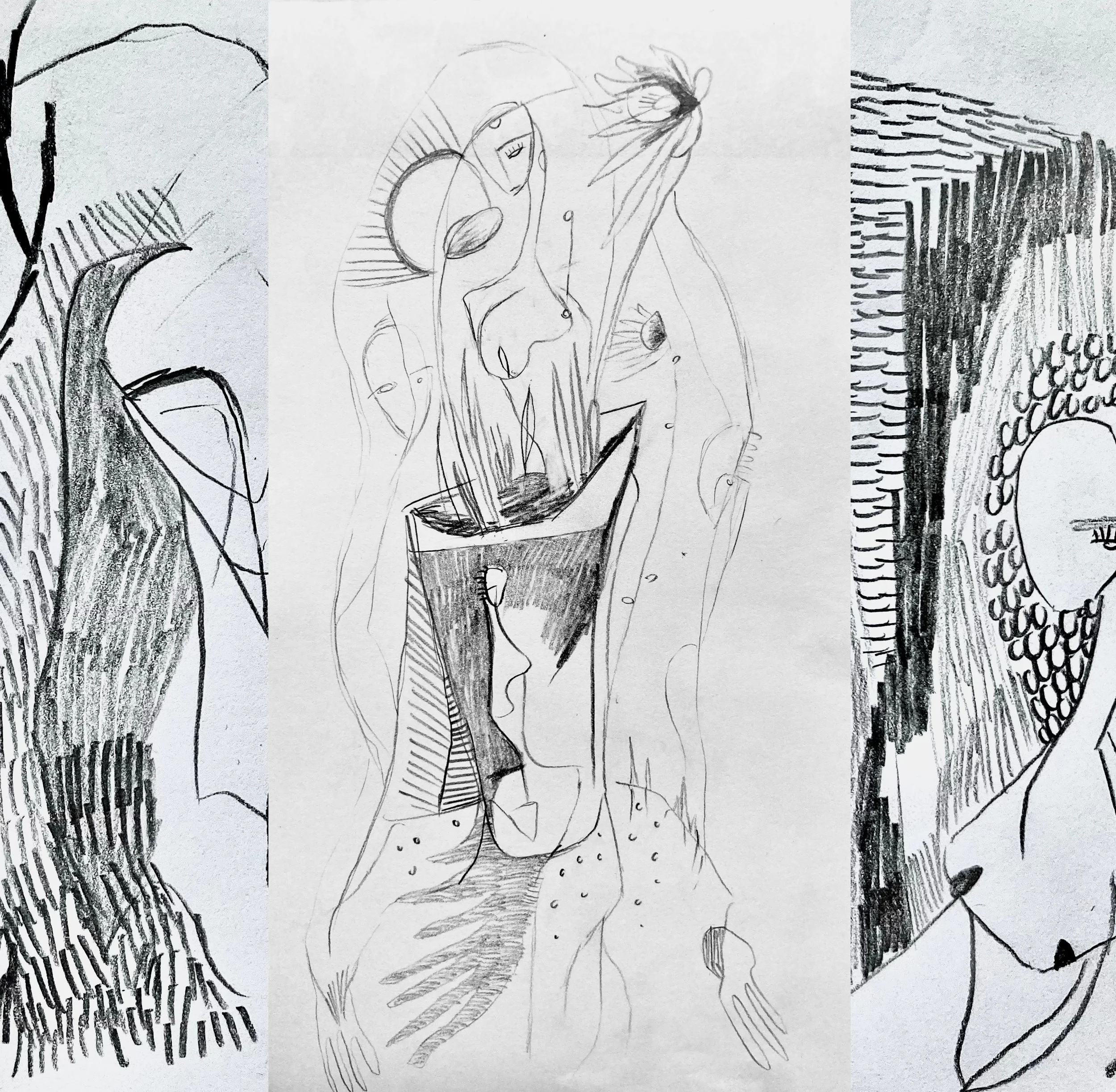Three black and white abstract line drawings of human figures and faces.