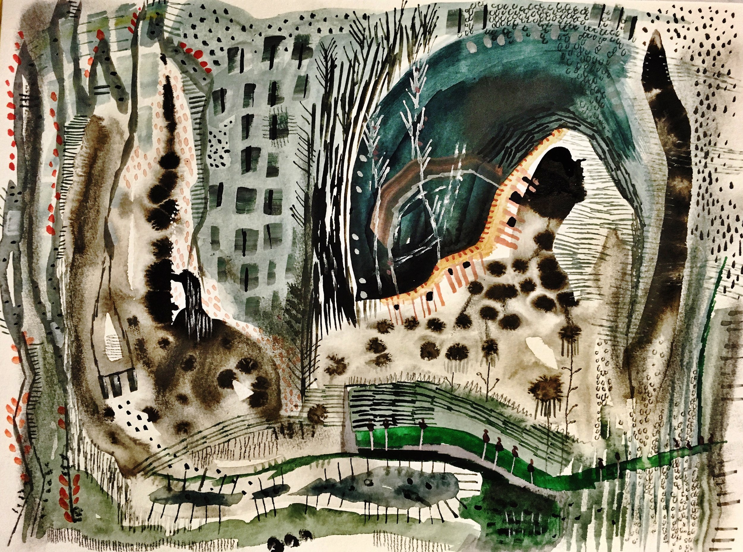 planet turns, watercolour, pen, ink, graphite on watercolour paper, 9 x 12" 