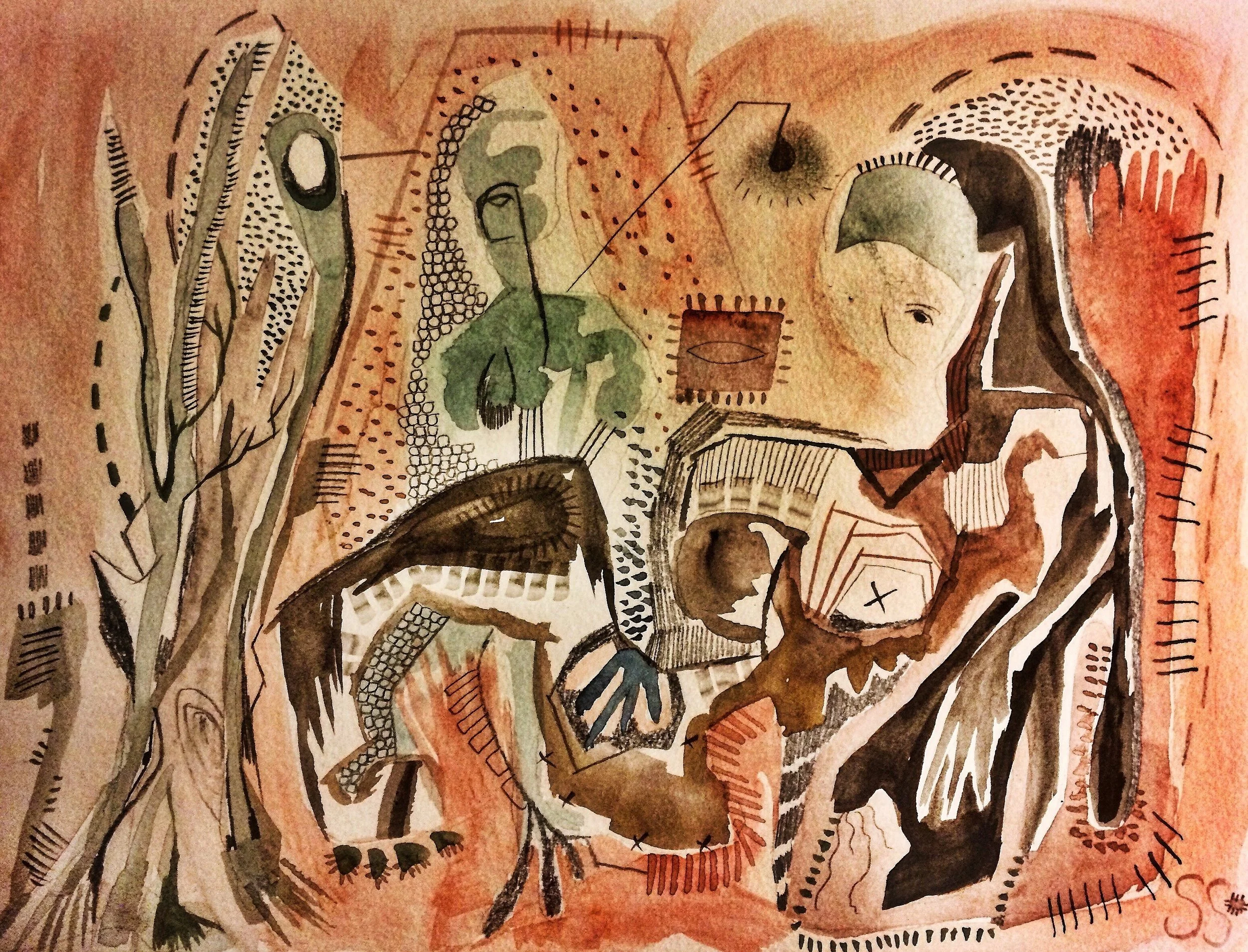 smoke in the orange morning sky, watercolour, pen, ink, graphite on watercolour paper, 9 x 12" 