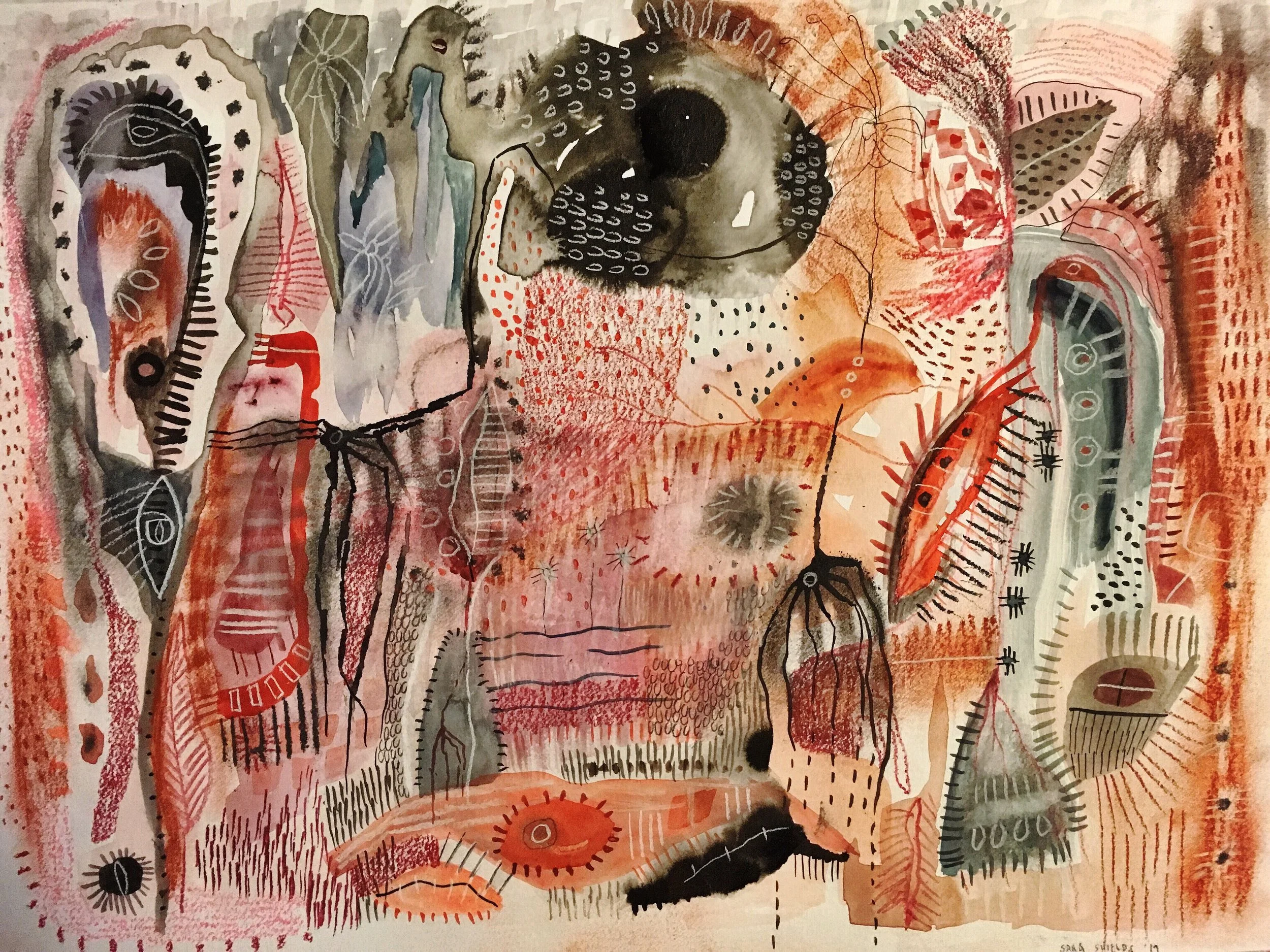 birds that rain fire, watercolour, pen, ink, graphite on watercolour paper, 9 x 12" 