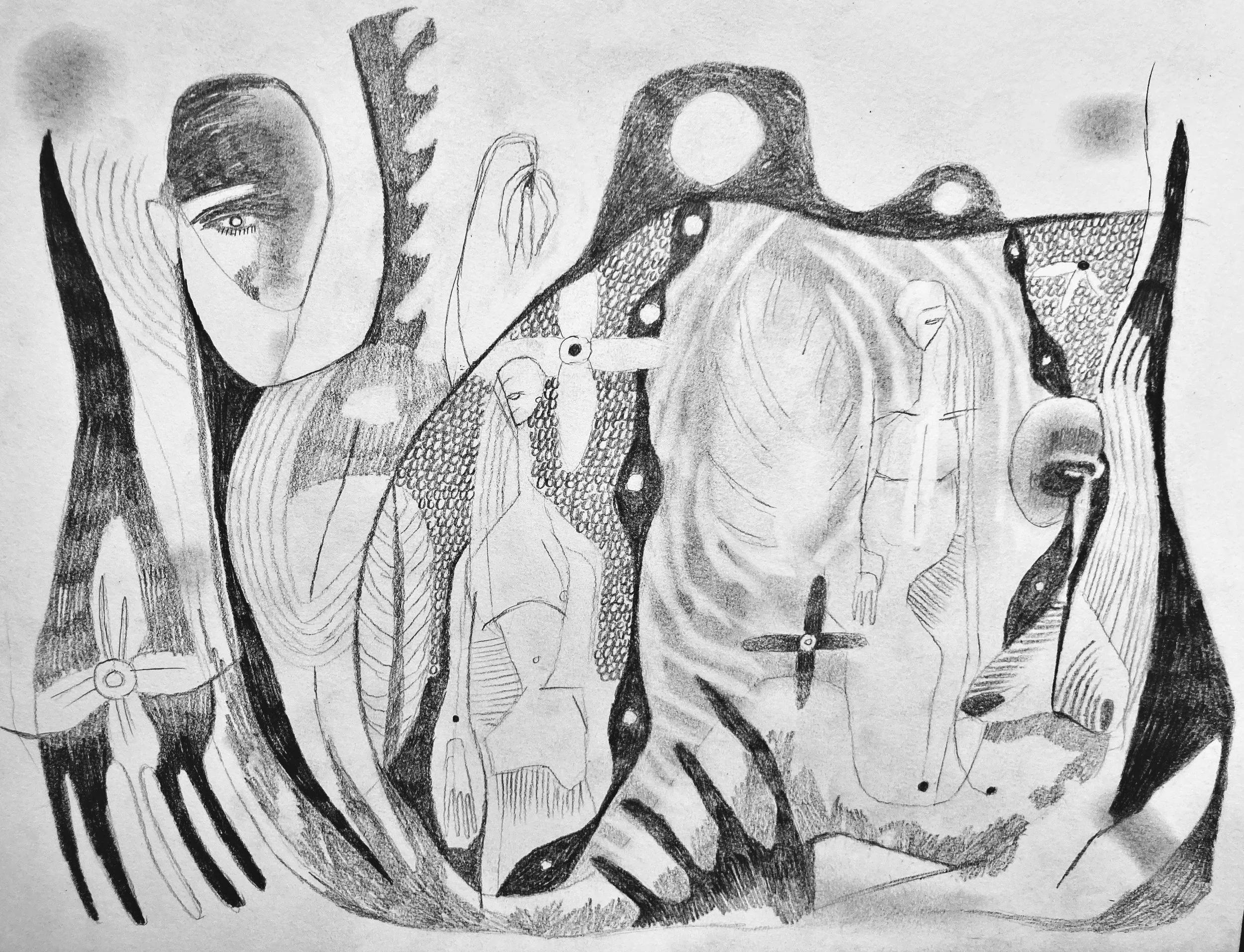 A detailed black and white abstract drawing with human faces, eyes, and various geometric shapes and lines.