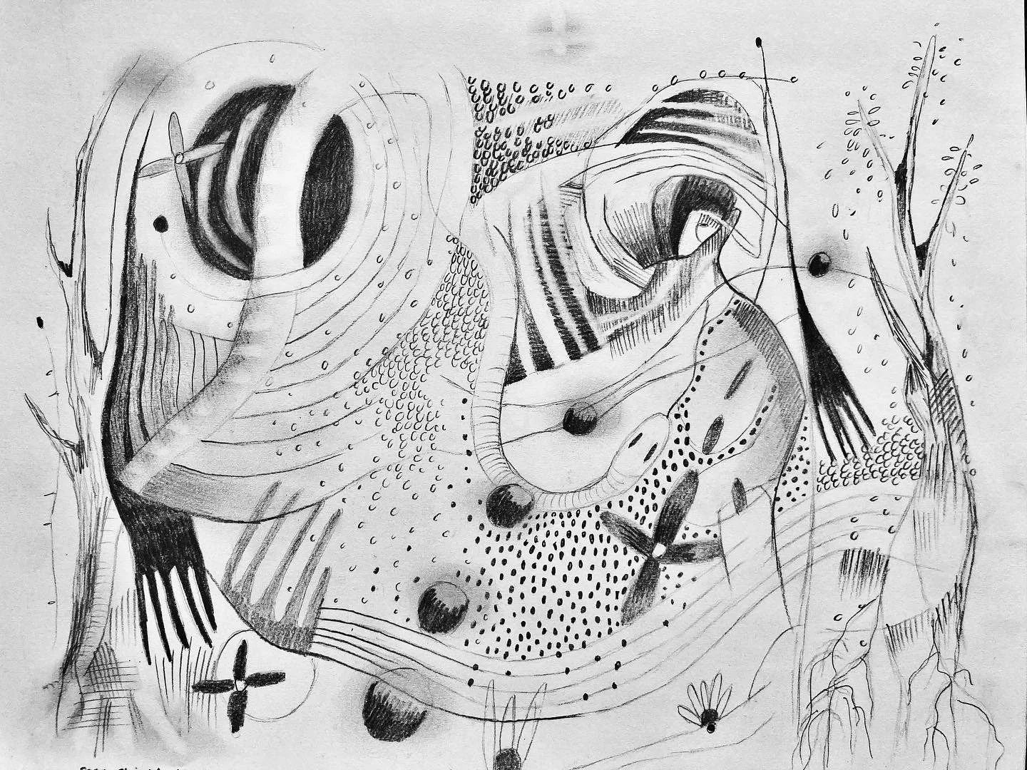 Abstract black and white drawing featuring swirling patterns, dots, lines, large eyes, and insect-like figures.