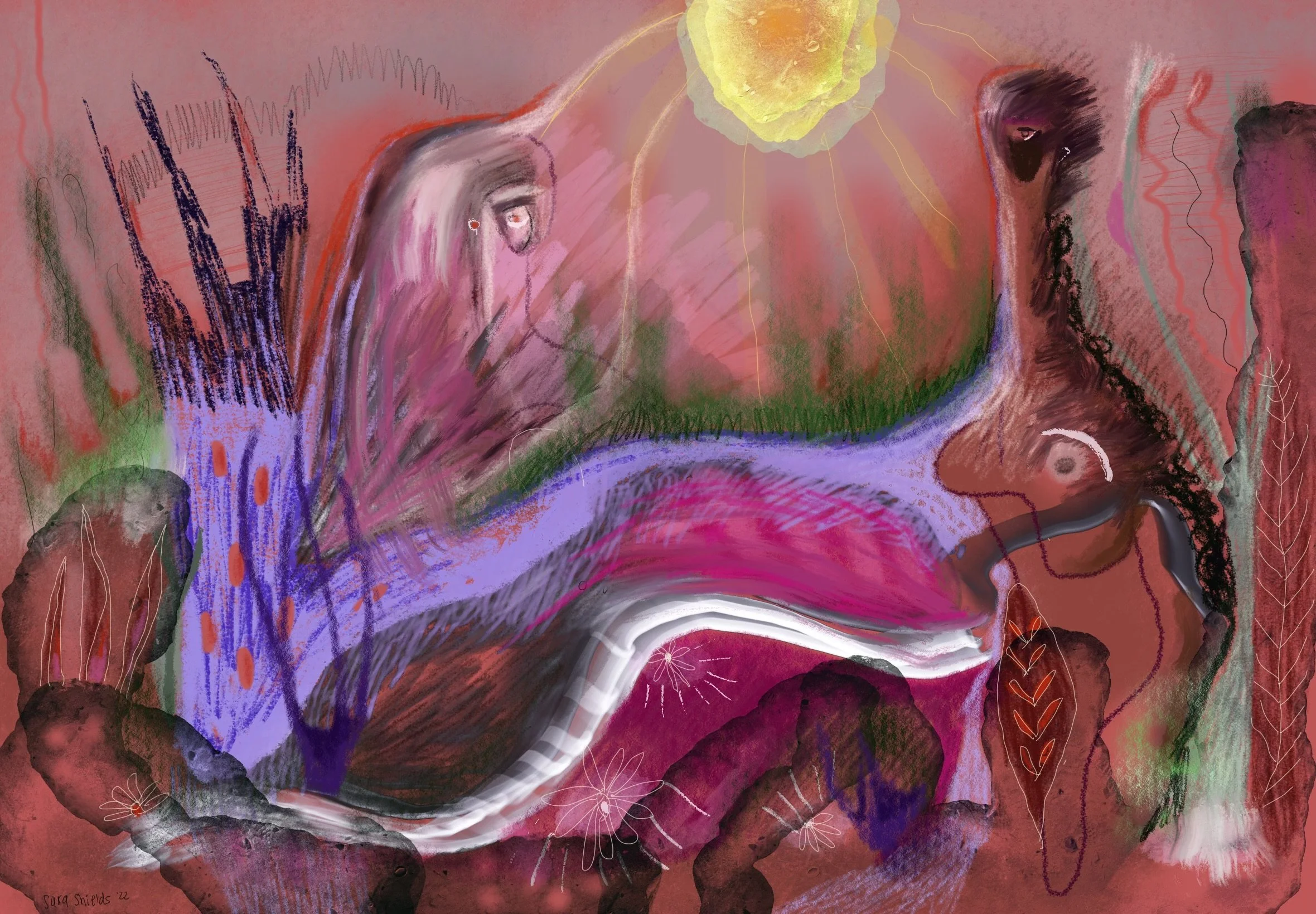 Abstract digital painting featuring a colorful, surreal landscape with organic shapes, plant-like forms, and vibrant pink, purple, and green hues.