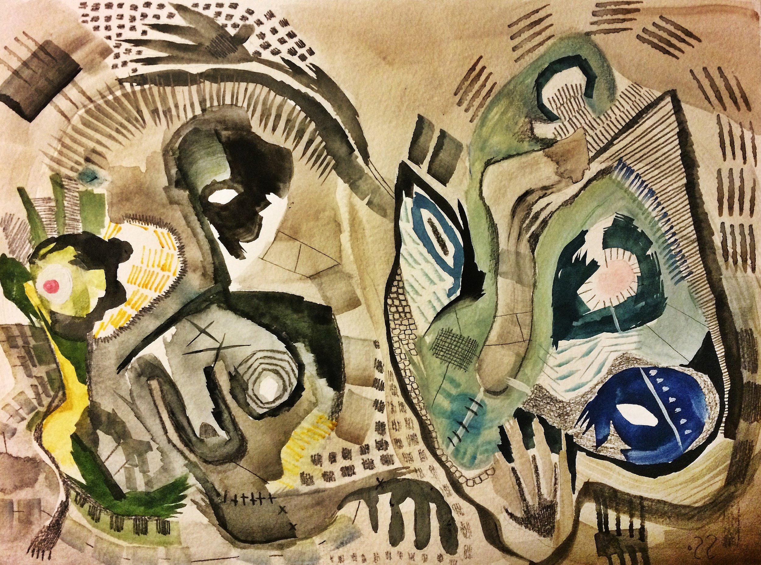 masked, watercolour, pen, ink, graphite on watercolour paper, 9 x 12" 