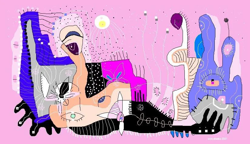 Abstract MS Paint illustration with a pink background featuring various colorful, stylized shapes and line drawings, including cat faces, hands, flowers, and other organic forms.