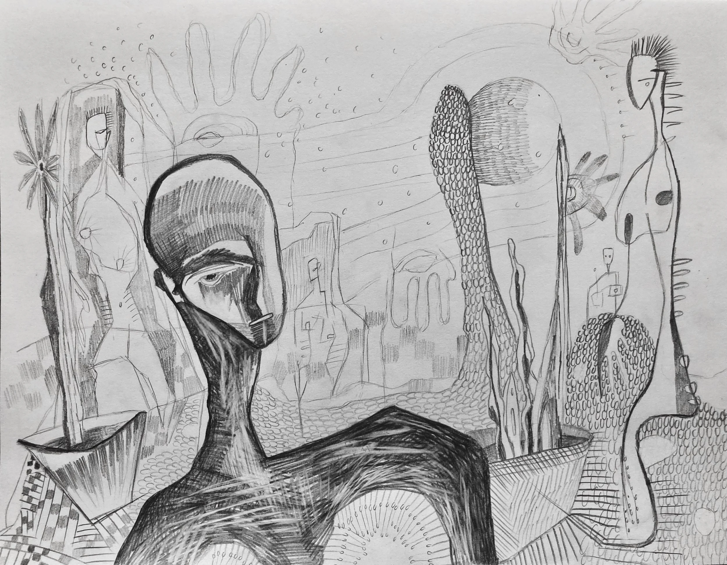 A surreal pencil drawing featuring various abstract human and animal figures, faces, and shapes in a dreamlike landscape with diverse textures and shading.