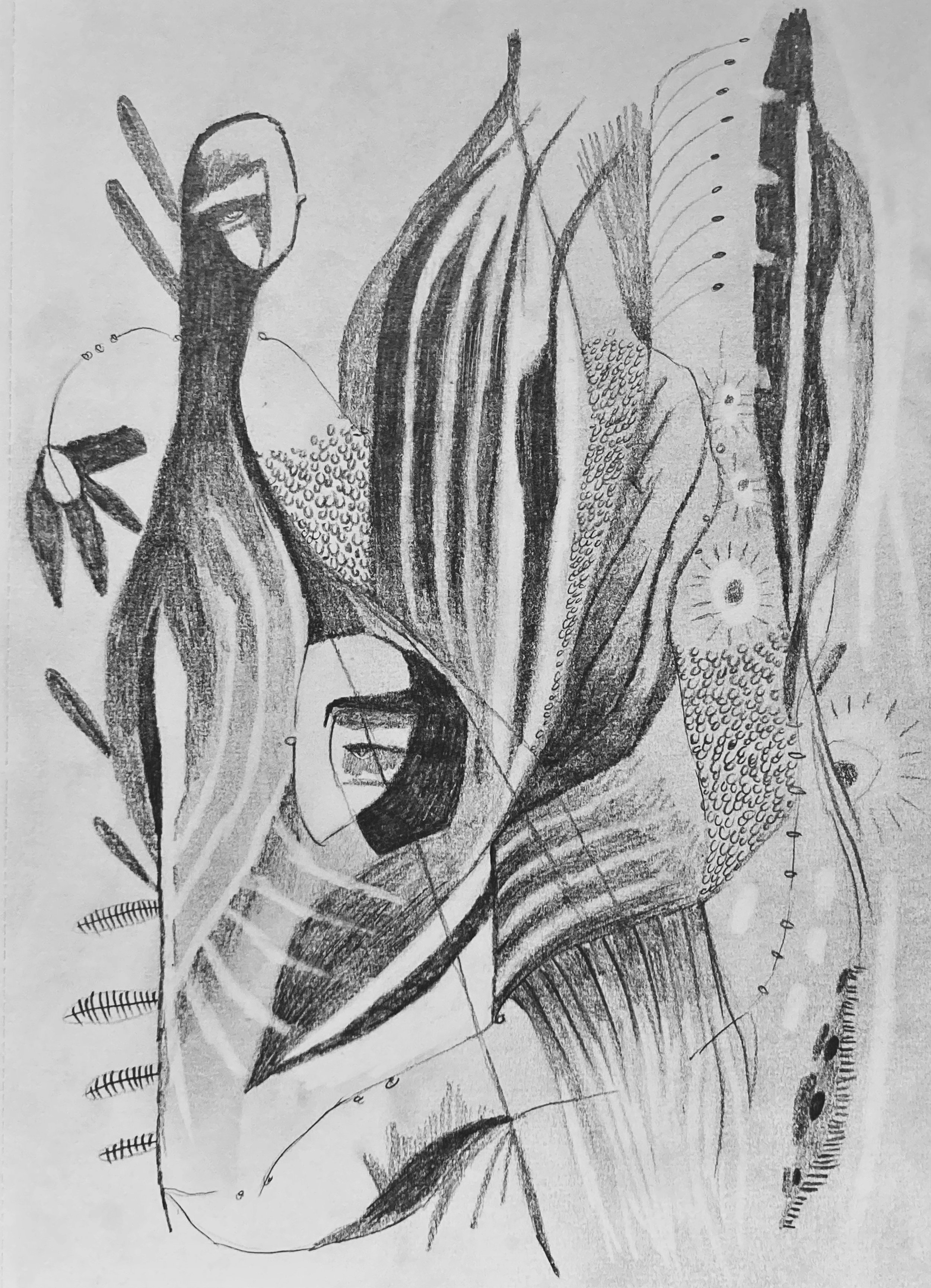 Abstract black and white pencil drawing featuring stylized human faces and organic shapes, including leaves and patterns.