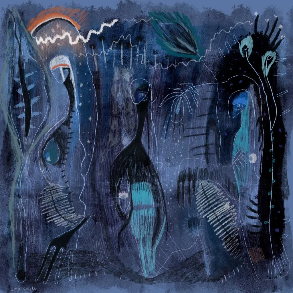 Abstract painting with dark blue and black hues, featuring stylized bird-like figures, leaves, and swirling lines, creating a mystical and nature-inspired scene.