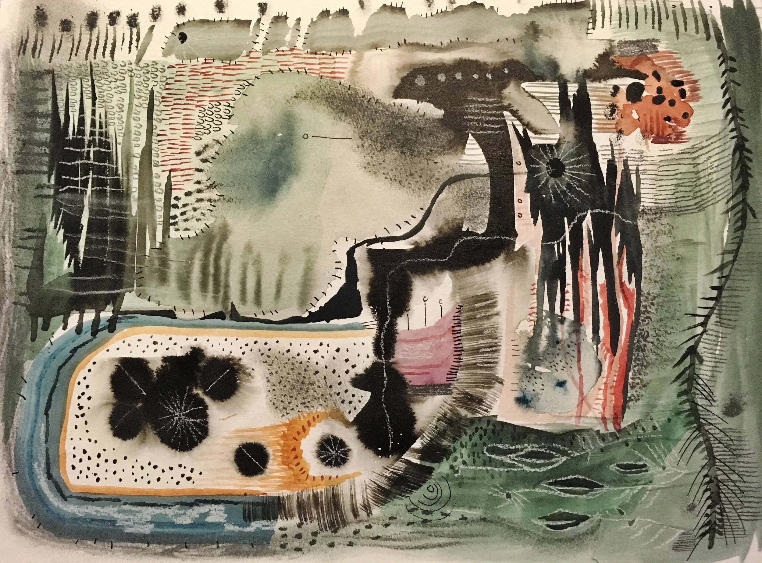 smoke signals and forest whales, watercolour, pen, ink, graphite on watercolour paper, 9 x 12" 