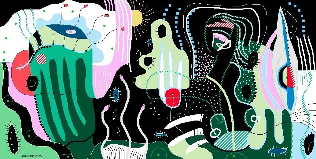 Colorful abstract MS Paint illustration  with dog and cat faces, various shapes, and dotted patterns.