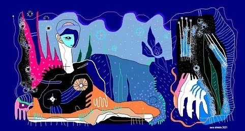 Abstract digital artwork featuring a stylized female figure lying down with various colors, shapes, and lines, including a black record, and a split face concept with blue hair, against a dark background.