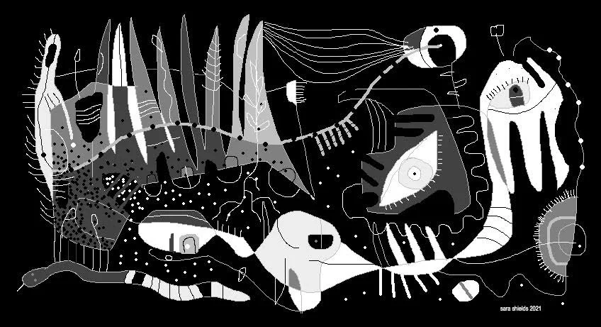 Abstract black and white digital illustration with various shapes and lines, resembling a chaotic scene with animal-like and plant-like figures.