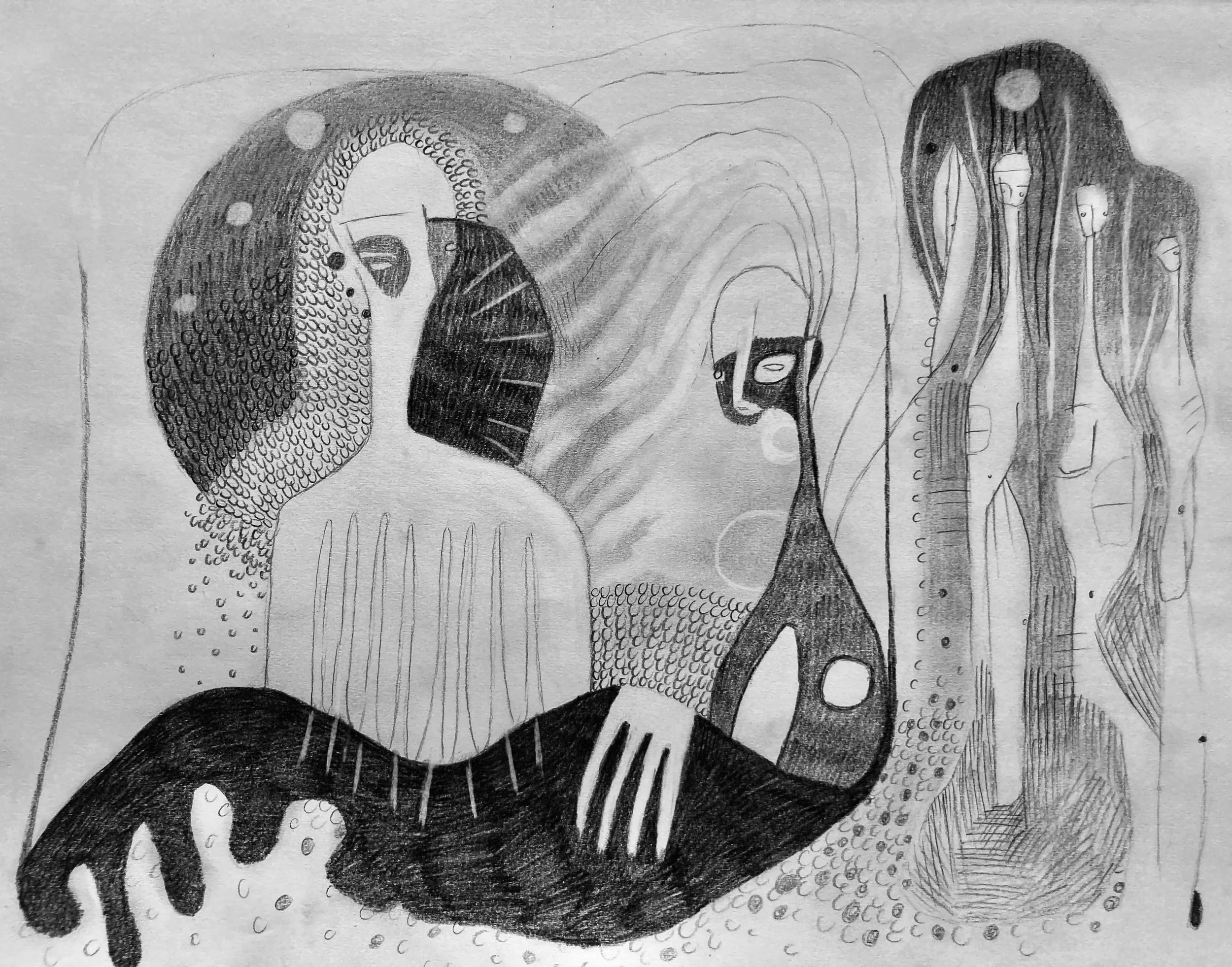 A black-and-white abstract drawing featuring a large face with a textured face and hair made of dots, a prominent eye, and a nose with a long line. A smaller abstract figure with an elongated face and hair appears to be reaching toward the larger fac