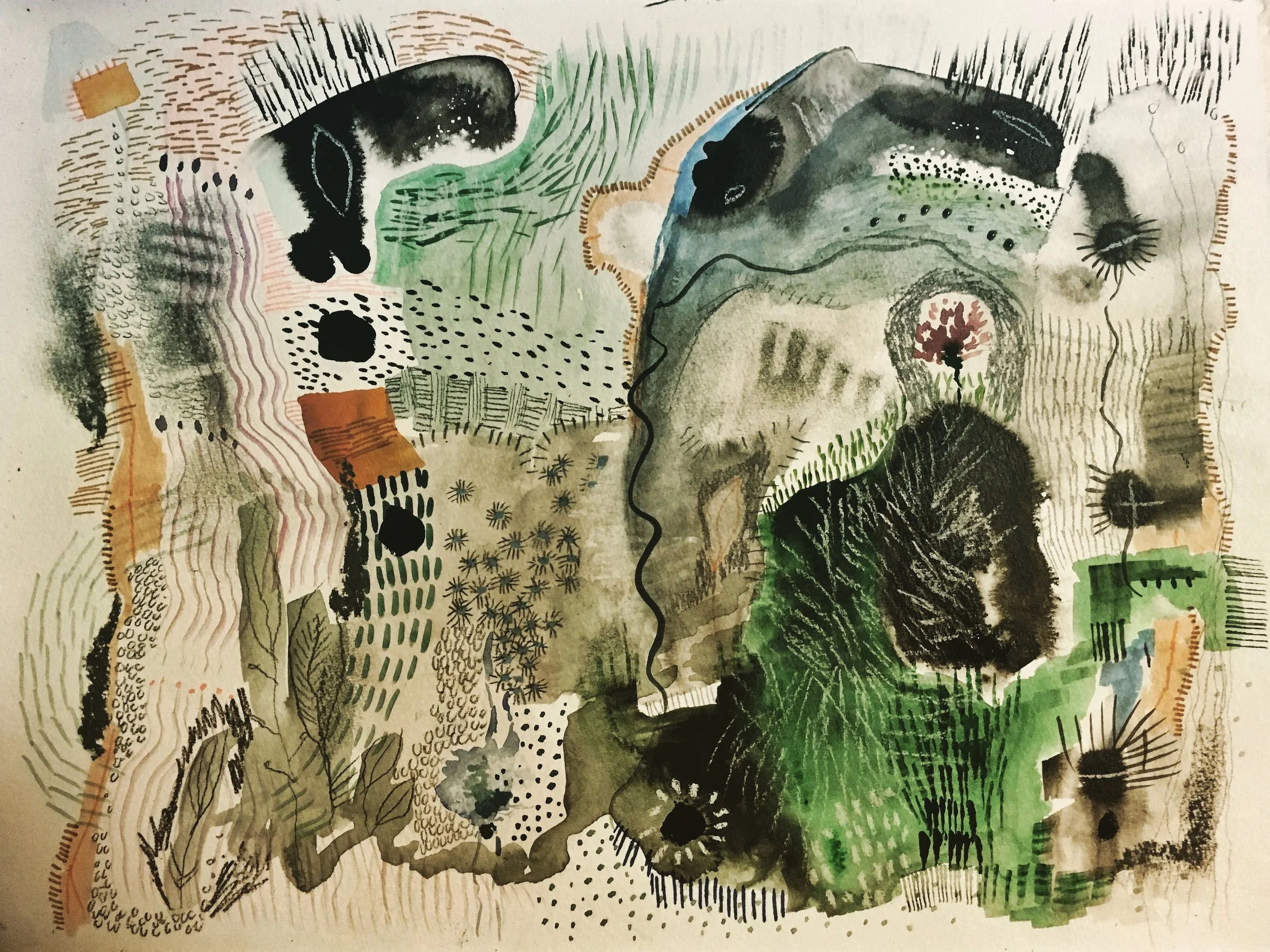 anteater sanctuary, watercolour, pen, ink, graphite on watercolour paper, 9 x 12" 