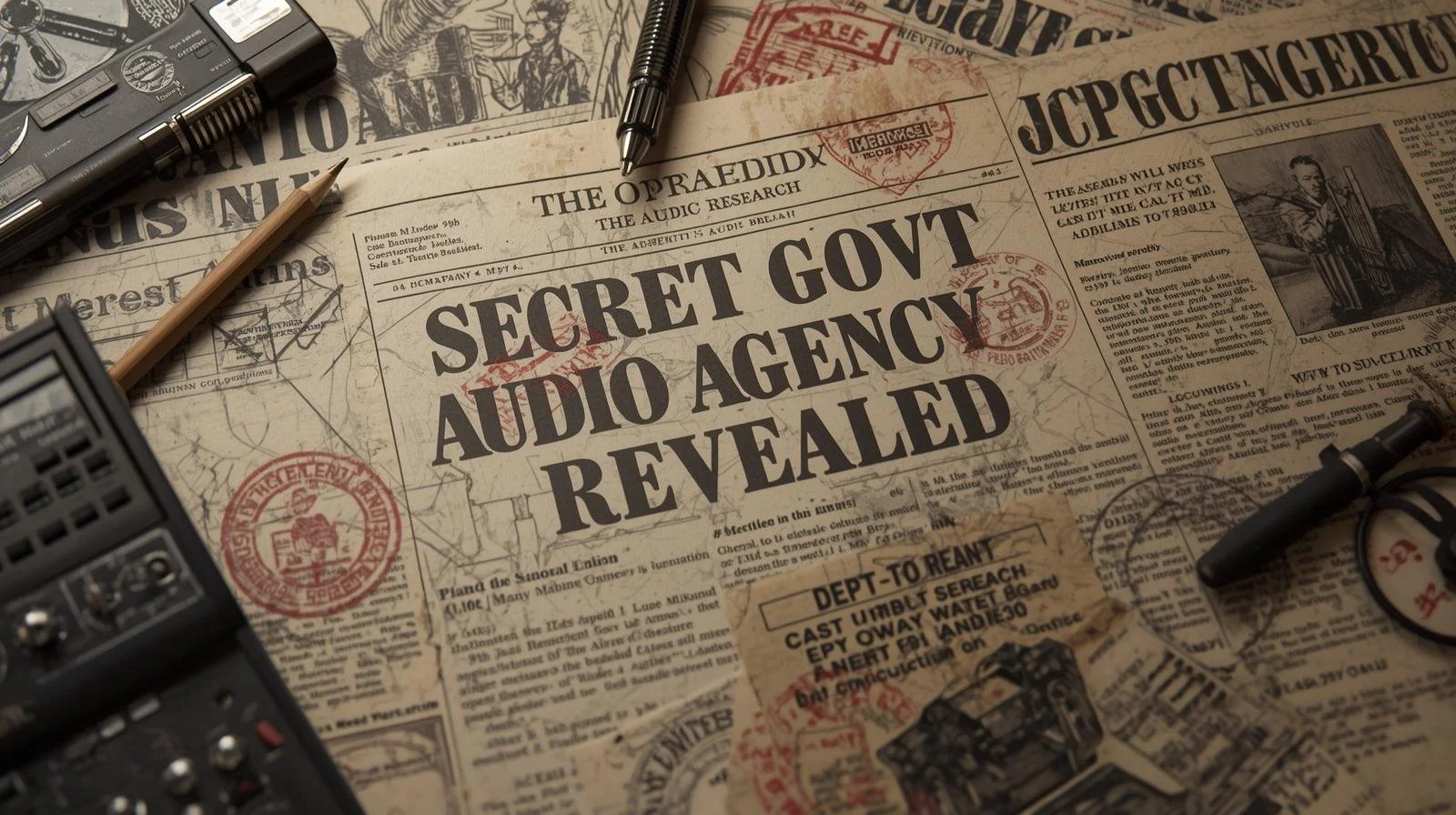 a vintage newspaper headline says _SECRET GOVT AUDIO AGENCY REVEALED_ with other  old papers and technical drawings that have stamps, fonts and emblems of a government that say _DEPT OF AMBIENT RESEARCH_. there are technical drawings of vin.jpg
