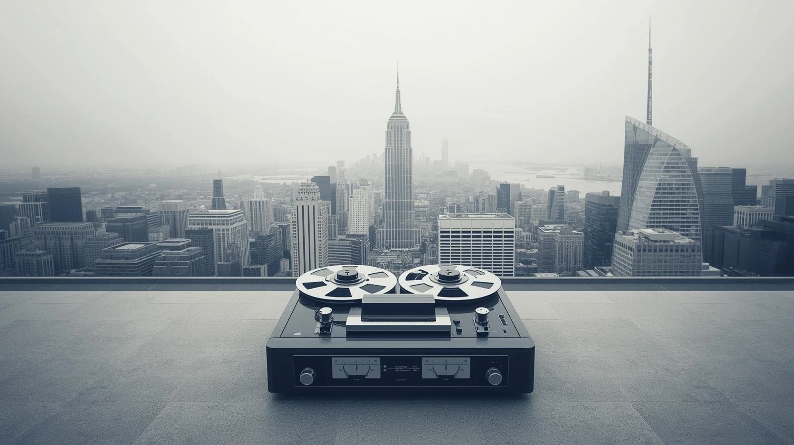 a polished, gleaming metal vintage reel to reel is placed on top of a gigantic skyscraper building over looking the entire city..jpg