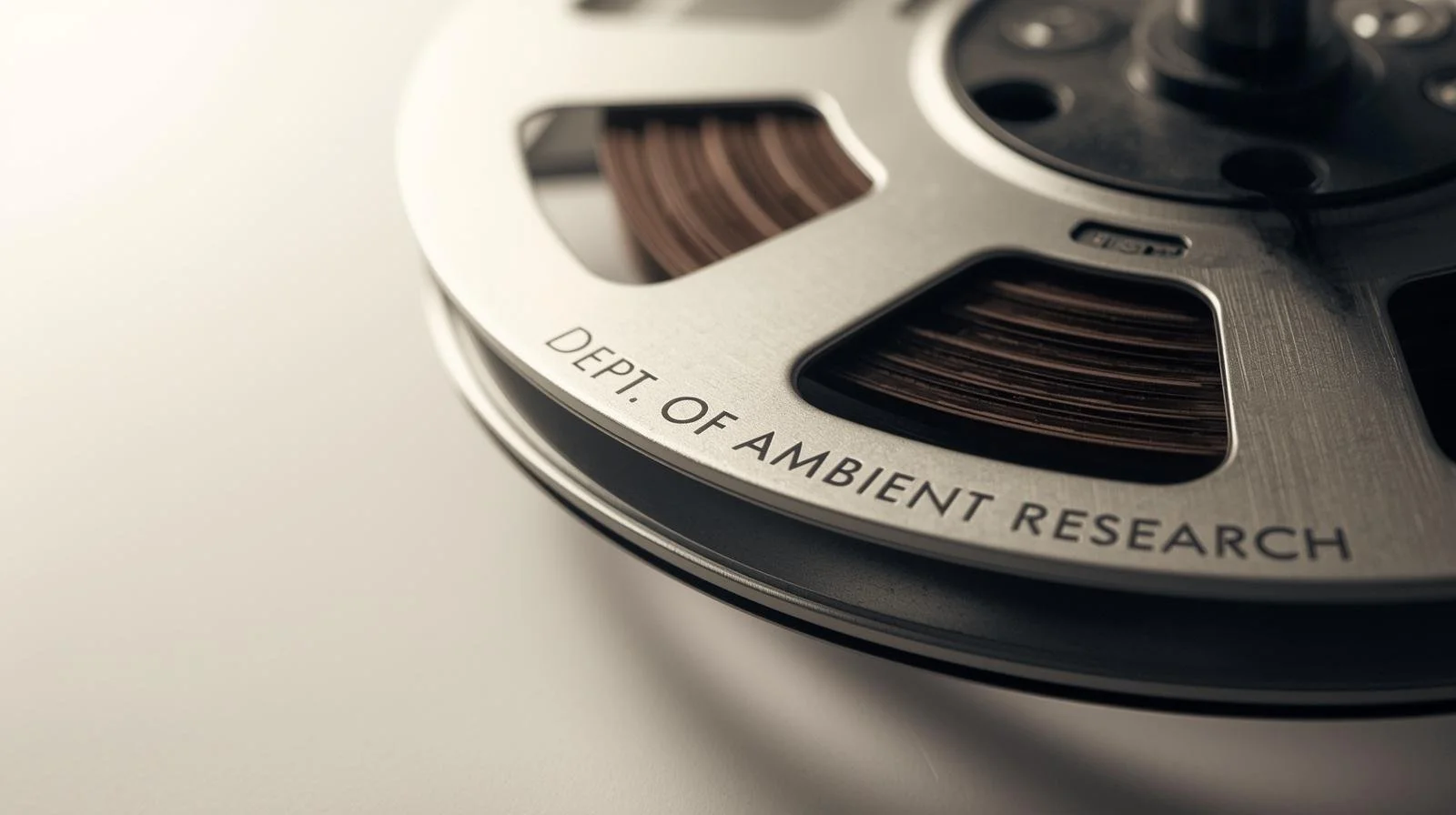 A minimalist and clean photography style portrait of a vintage reel-to-reel tape recorder with the words _DEPT. OF AMBIENT RESEARCH_ clearly etched into its metallic chassis. The composition is simple, utilizing ample negative space and (2).jpg