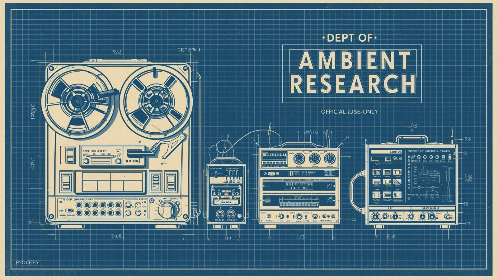 A detailed technical blueprint illustration of a vintage reel-to-reel tape recorder and various analog audio processing machines. The illustration is overlaid with bold, stenciled text reading _DEPT OF AMBIENT RESEARCH_ and _DIVISION OF (5).jpg