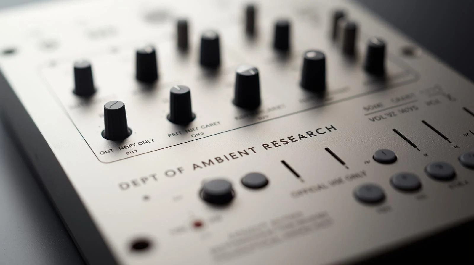 An exquisite macro photography close-up, in a minimalist and clean studio style, featuring a modern, sleek audio mixer and recorder. The words _DEPT OF AMBIENT RESEARCH_ and _OFFICIAL USE ONLY_ are subtly embossed onto the matte metal c (1).jpg