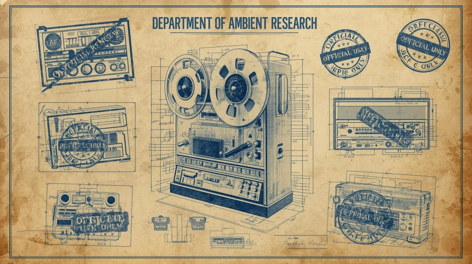 a technical drawing of a vintage reel to reel is drawn out on a blueprint with other audio equipment. There is printing that says _DEPARTMENT OF AMBIENT RESEARCH_ on the page with additional stamps of the words _OFFICIAL USE ONLY_ in variou.jpg