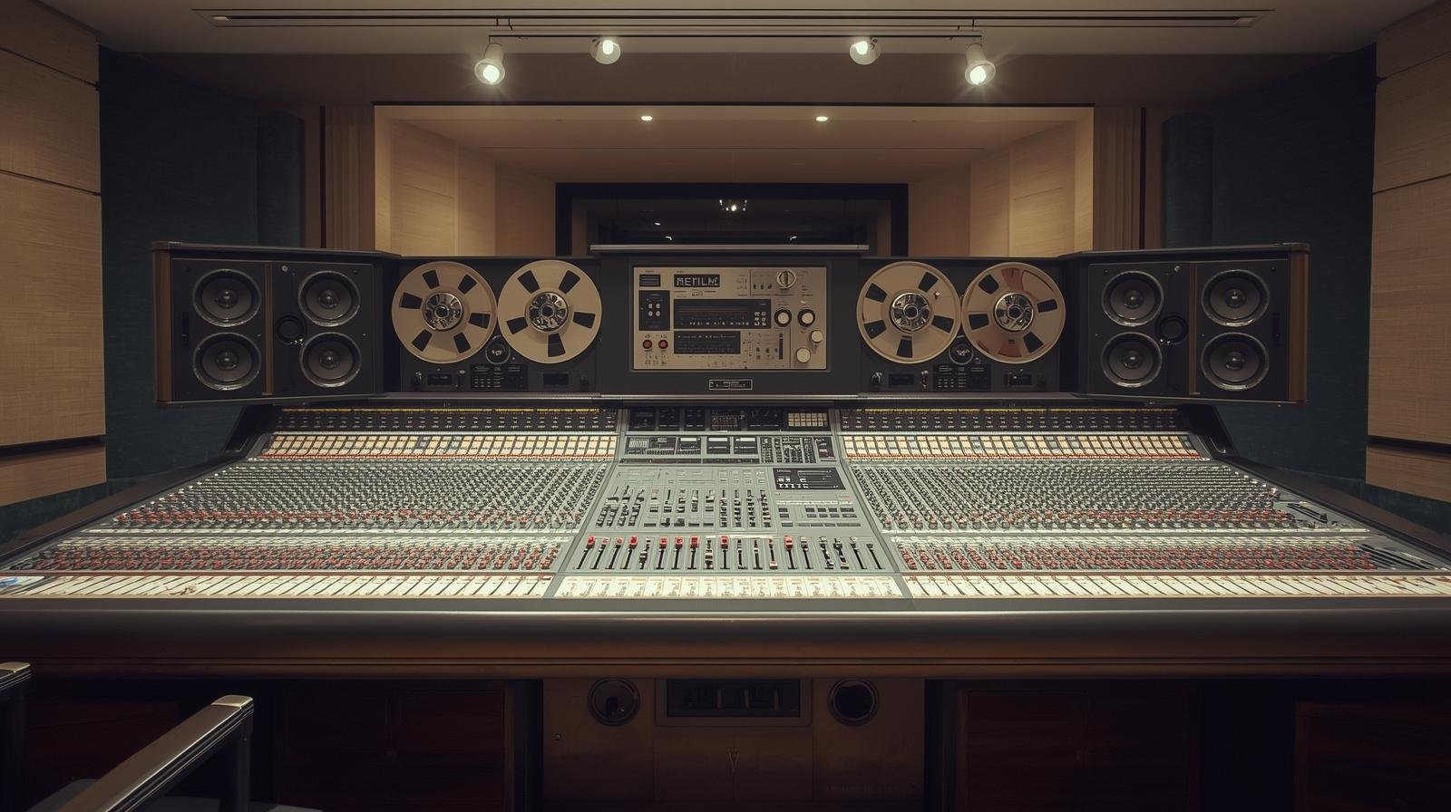 A colossal, vintage audio mixing console, adorned with an overwhelming array of hundreds of illuminated buttons, polished knobs, and smooth sliders, occupies the central expanse of a professional music studio's control room. Integrated (1).jpg