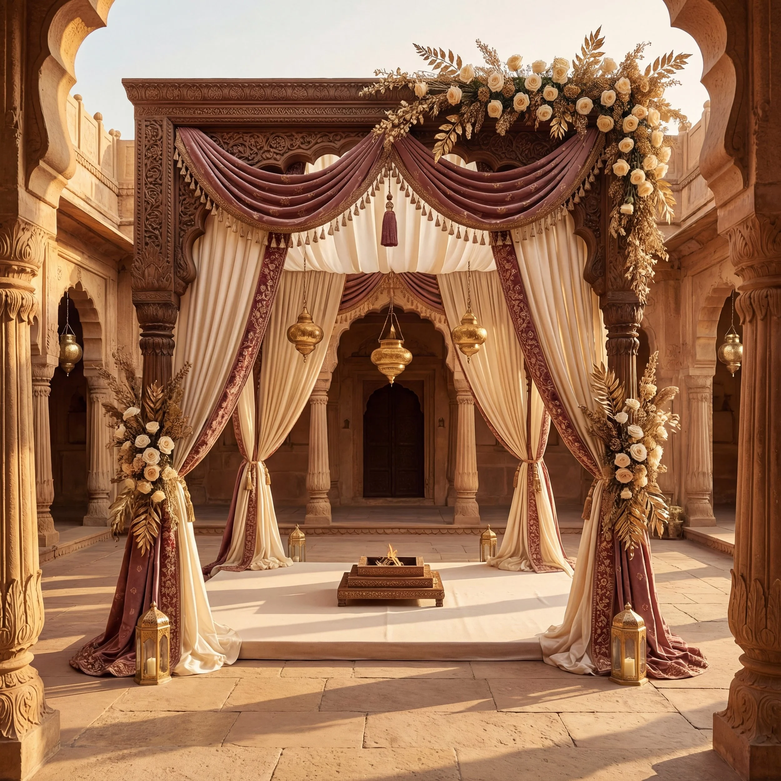 An ornate wedding altar with beige and burgundy drapes, gold lanterns, and floral arrangements of white roses and gold foliage, set in a historic courtyard with carved stone columns and arches.