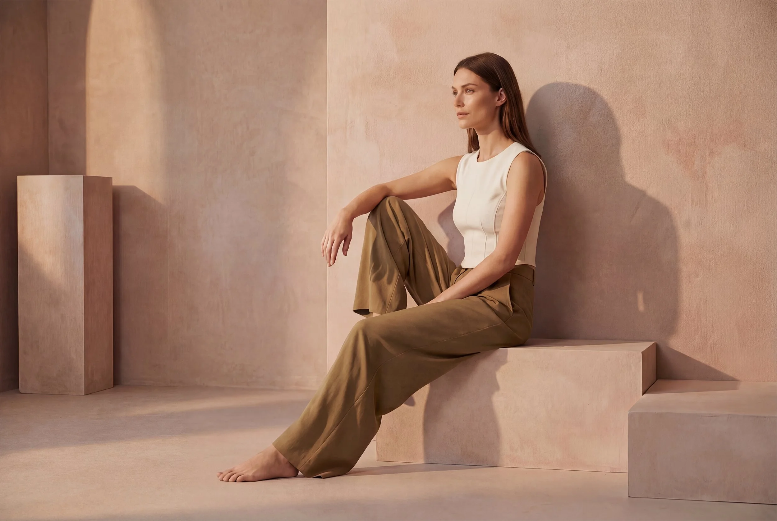 Una donna seduta, con i pantaloni marroni e la maglietta bianca, in uno sfondo di tonalità beige, con un'illuminazione calda e morbida.