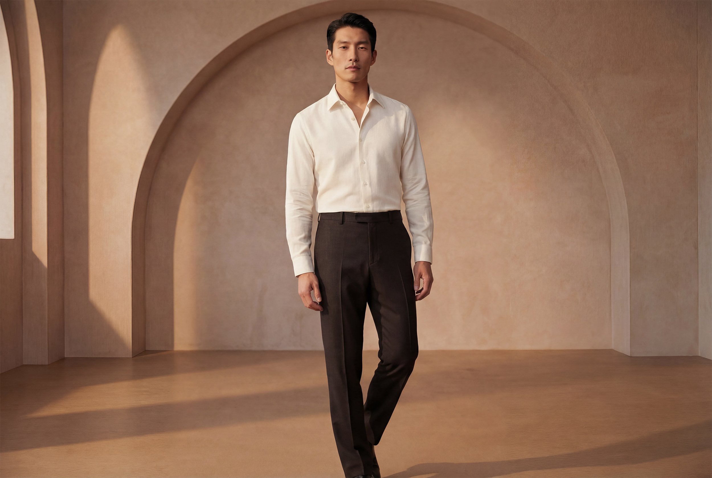 Uomo vestito con camicia bianca e pantaloni neri, in un ambiente con pareti beige e un arco sulla parete di fondo.