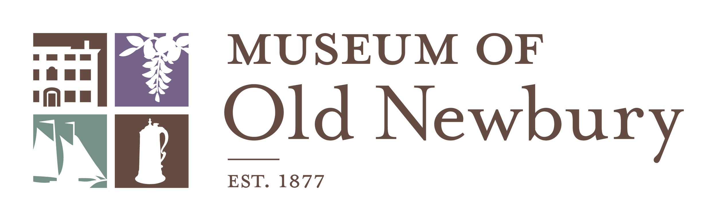 Logo of the Museum of Old Newbury established in 1877, featuring stylized images of a building, a flower, flags, and a candle or vase.