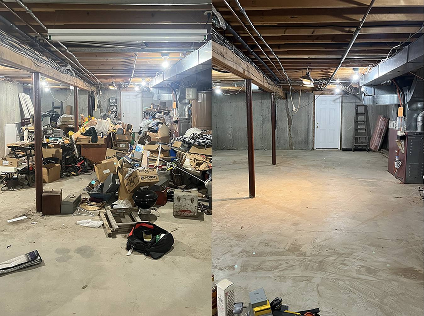 Before and after images of a cluttered basement. The left side shows a messy space filled with boxes, tools, and debris, while the right side shows a cleaned, largely empty basement with only a few items in the corner.
