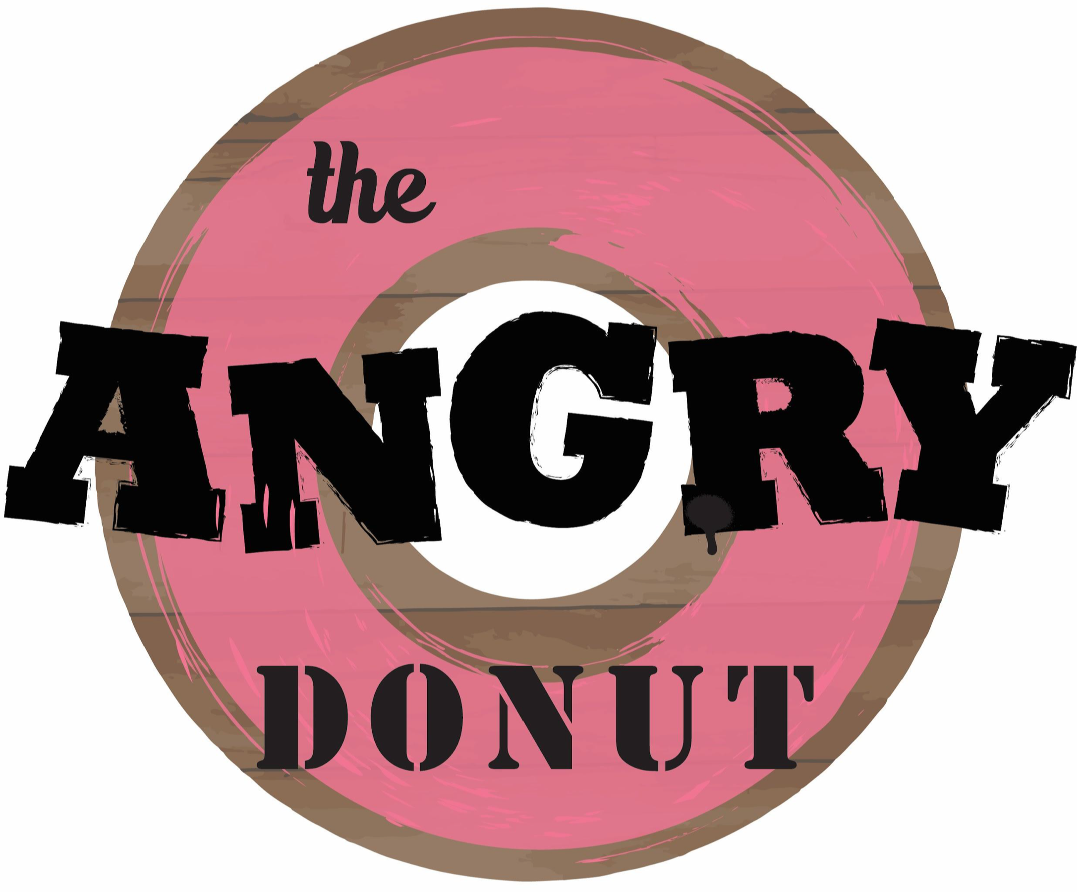 A stylized graphic of a pink donut with a brown outline and wood texture background. Overlaid text reads 'the ANGRY DONUT".
