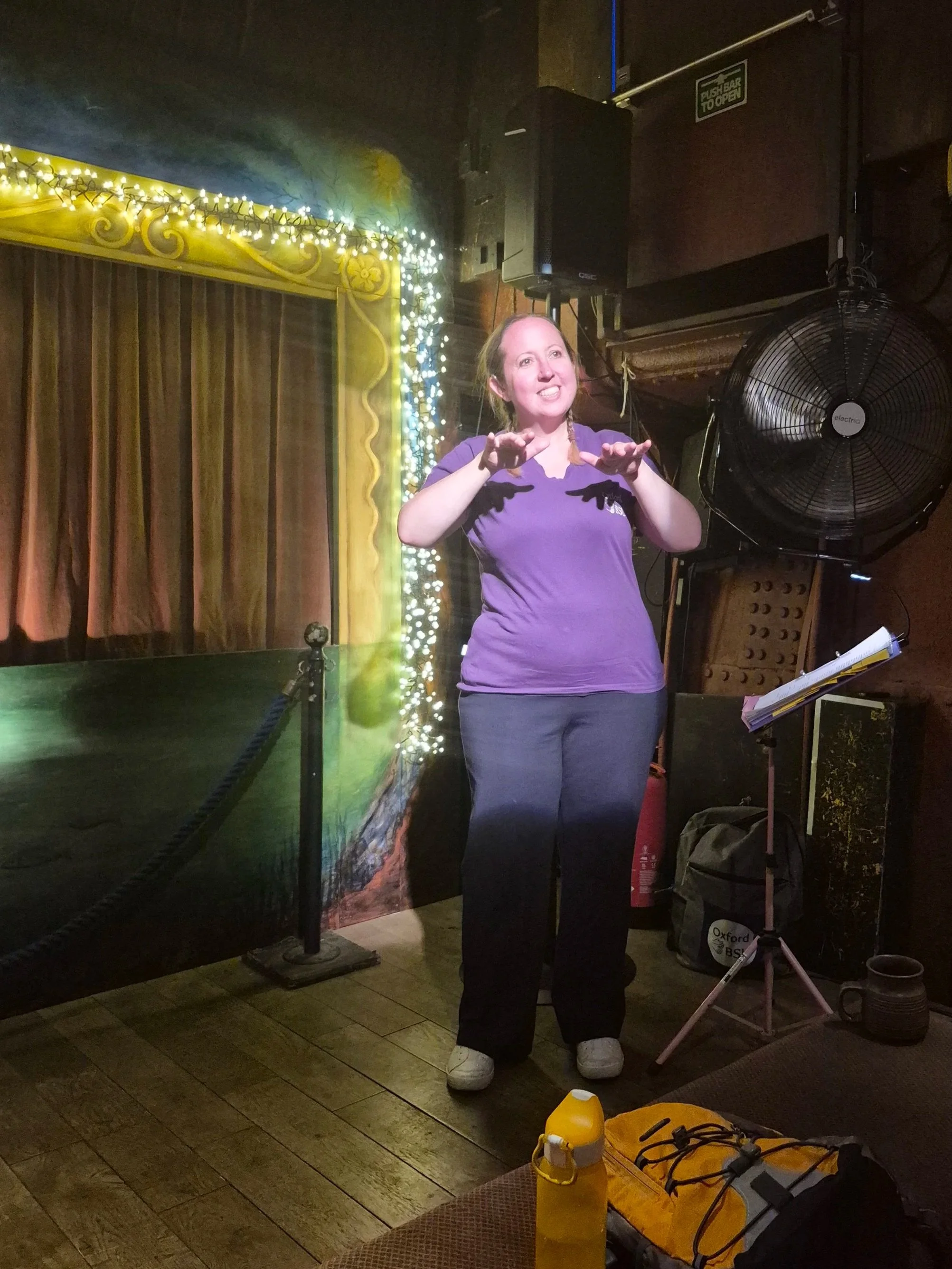 Suzi, wearing a purple t-shirt, stands to the side of a large puppet 'window' with a curtain pulled across. Next to her is a large fan and a spotlight shines at her.